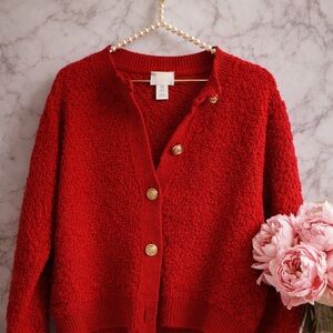 H&M Bright Red Textured Button-Up Cardigan